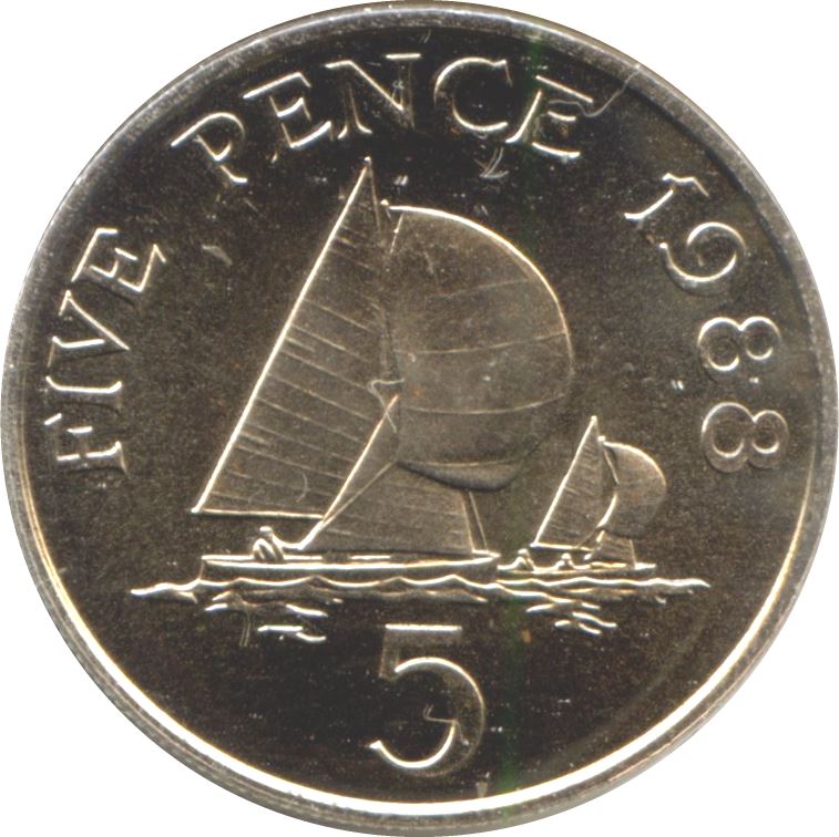 Guernsey Coin 5 Pence Queen Elizabeth II Sailing Boat Yacht