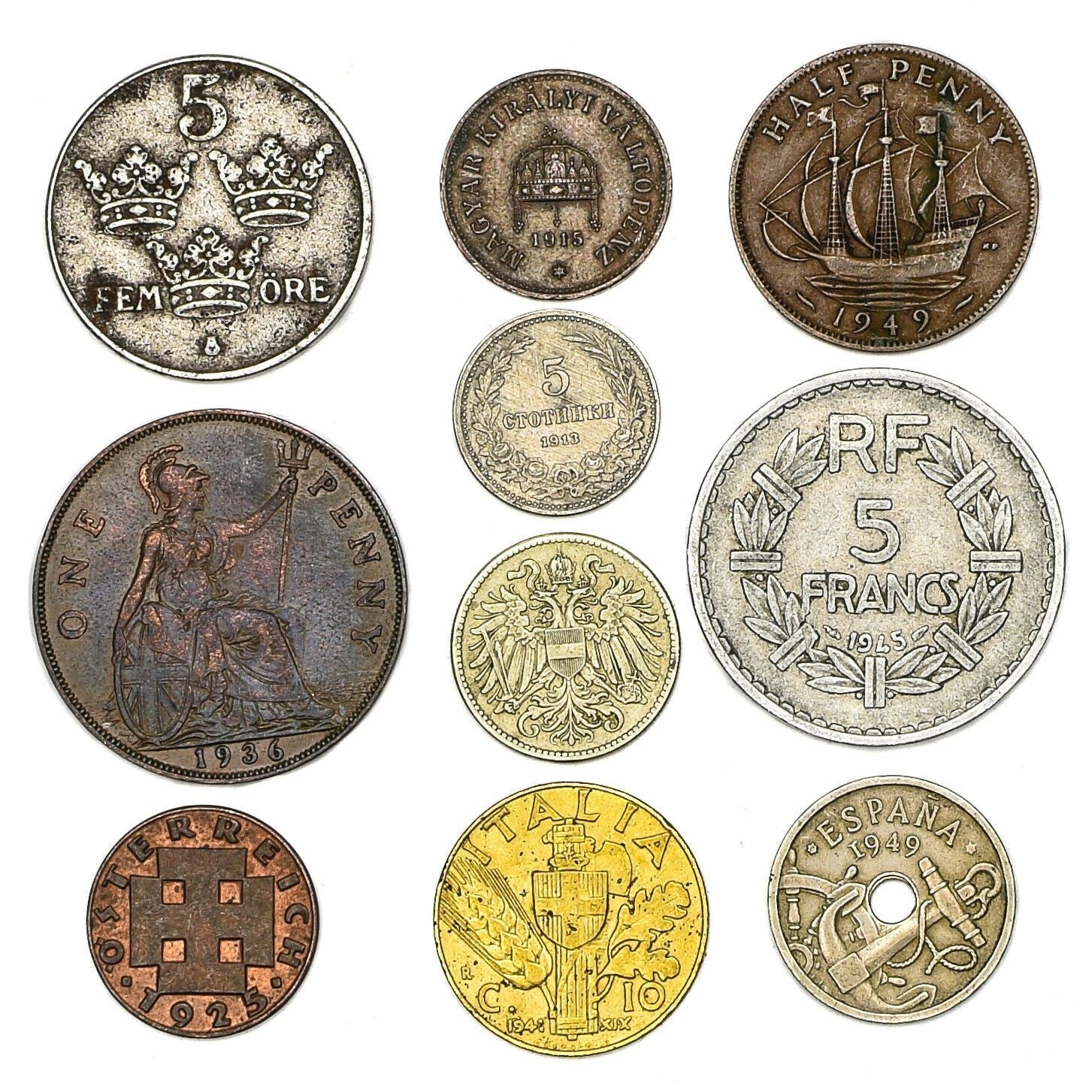 10 Mixed Coins From Old European Kingdoms and Empires dated until 1950