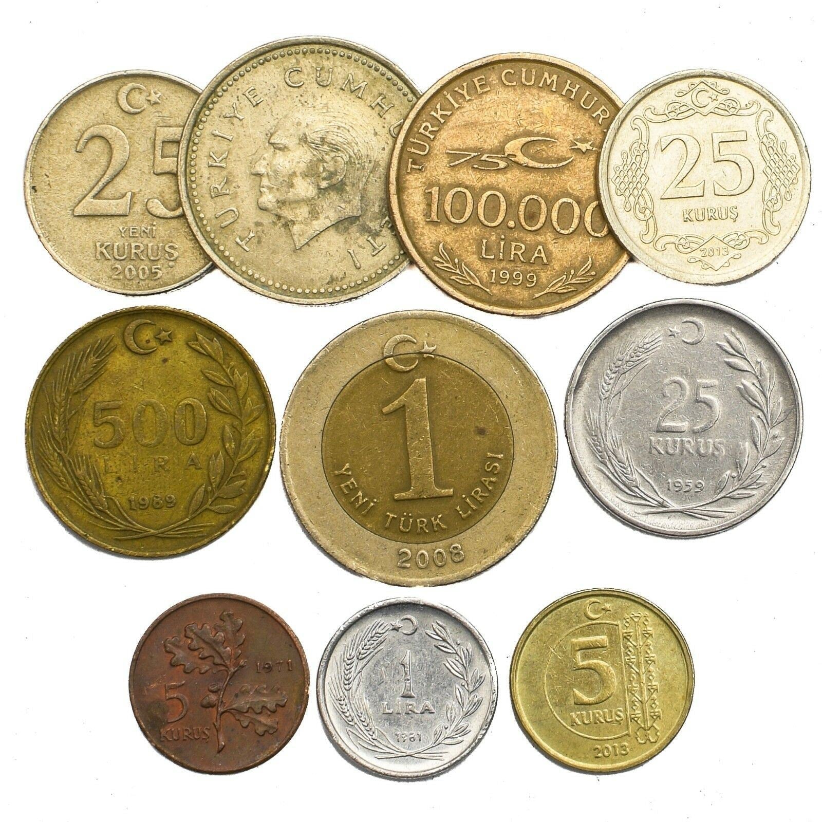 10 Mixed Turkish Coins | Kurus Bin Lira | Crescent and star | Mustafa Kemal Ataturk | 1961 - 2023