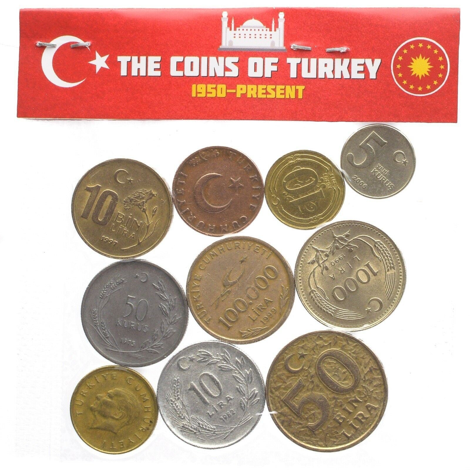 10 Mixed Turkish Coins | Kurus Bin Lira | Crescent and star | Mustafa Kemal Ataturk | 1961 - 2023