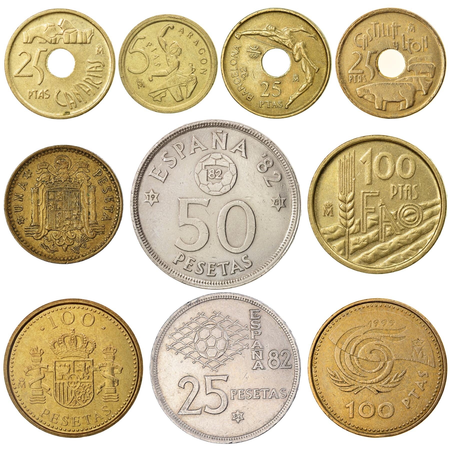 10 Spain Coins | Spanish Currency Collection | 1 - 100 Pesetas | Foreign Money | Monedas De Coleccion | 1966 - 2000