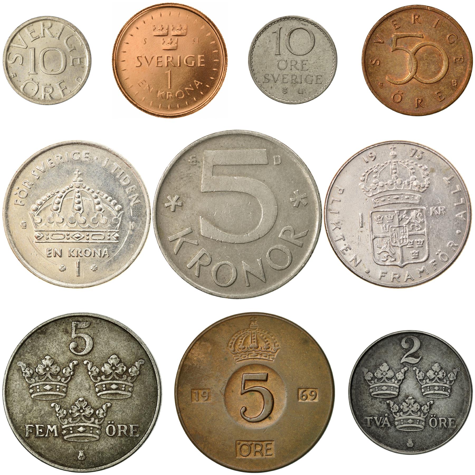 10 Sweden Coins | Swedish Currency Collection | 1 5 Kronor 2 5 10 50 Ore | Foreign Money | Collectible Coins | 1942 - 2016