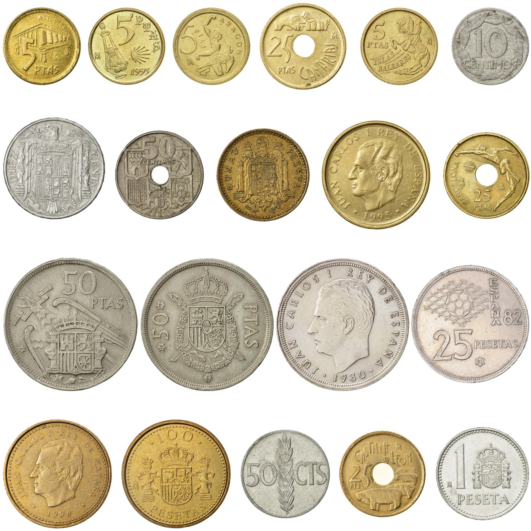 20 Spain Coins | Spanish Currency Collection | 10 50 Centimos 1 5 25 50 100 Pesetas | Foreign Money | Monedas De Coleccion | 1940 - 2000