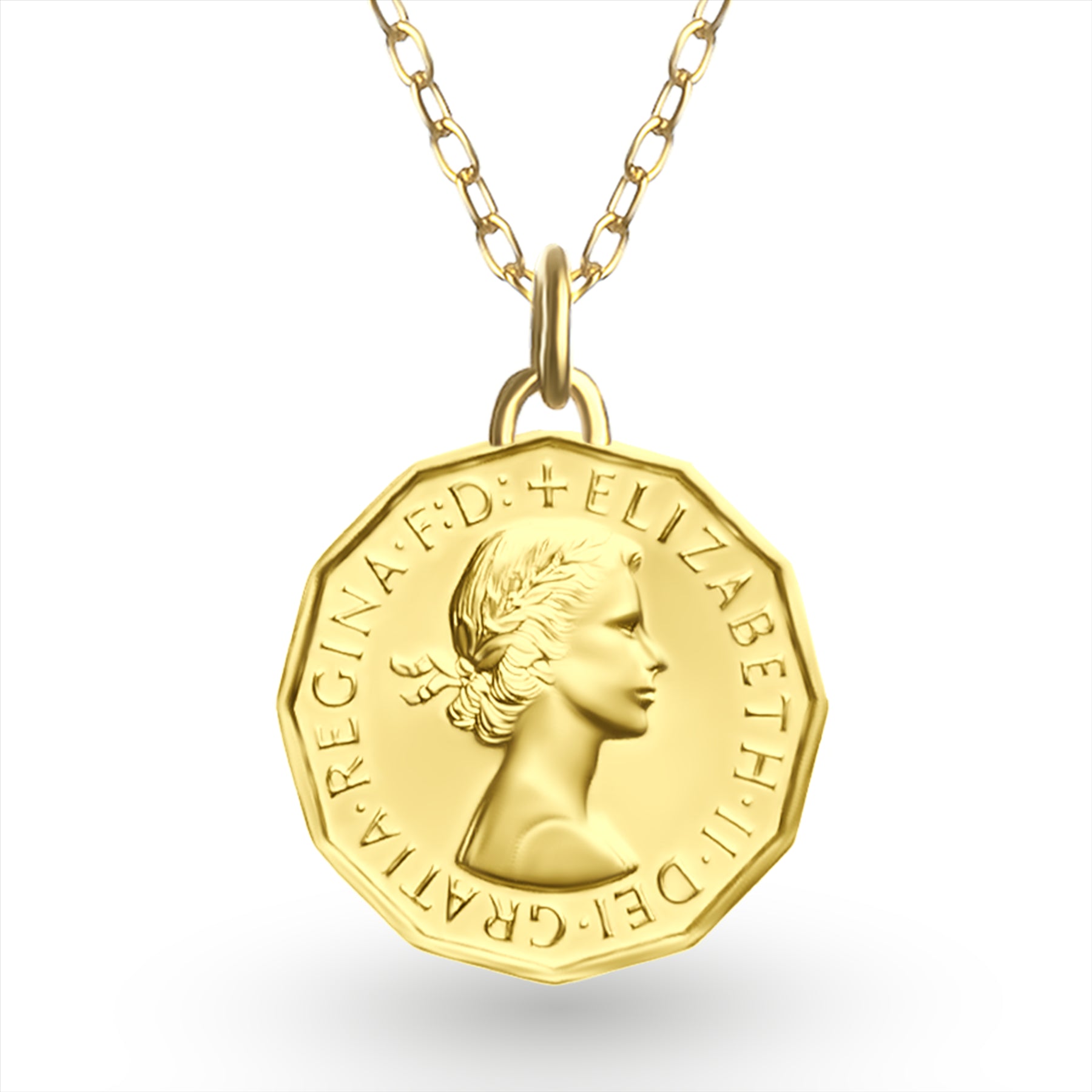 24K Gold Plated Genuine British 3 Pence Coin Medallion | Necklace | Queen Elizabeth II | 1954 - 1970