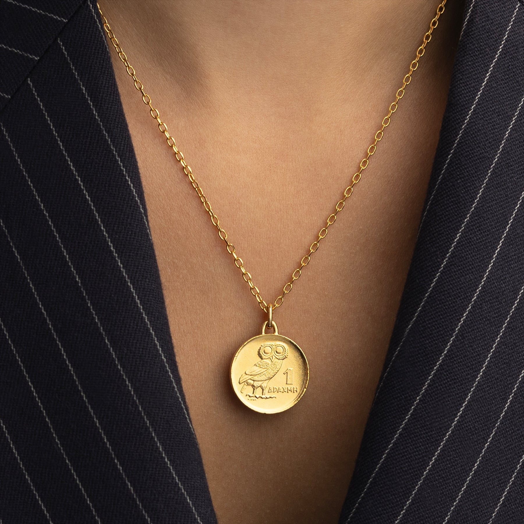 24K Gold Plated Genuine Greek 1 Drachma Coin Necklace | Medallion | Owl | 1973