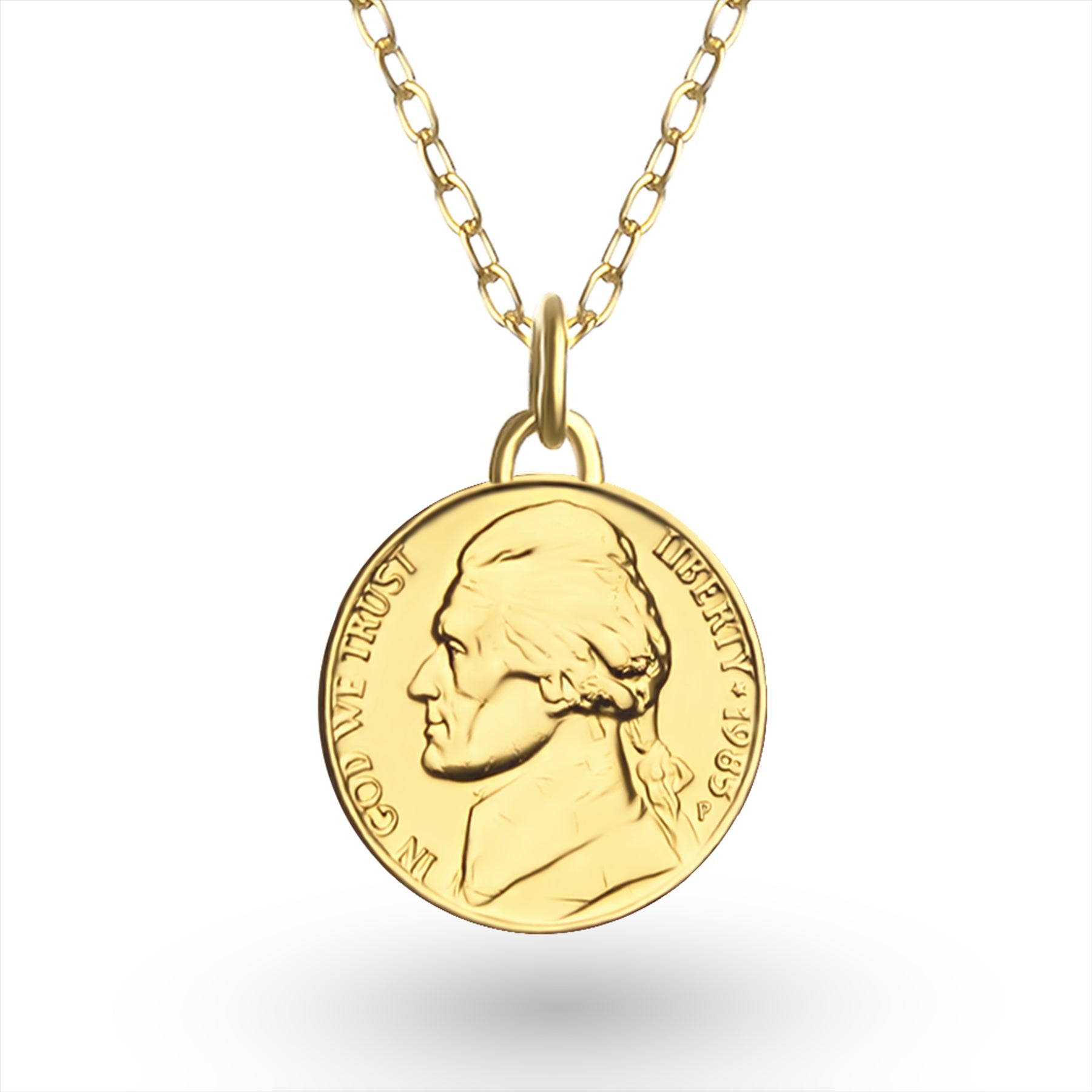 24K Gold Plated Genuine United States of America 5 Cents Coin Necklace | Medallion | Thomas Jefferson | 1938 - 2003