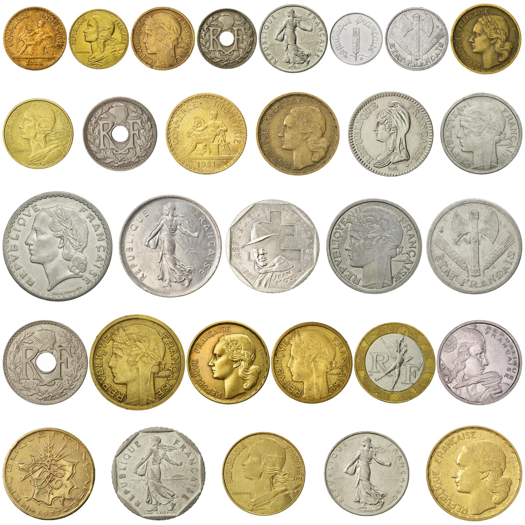 30 France Coins | French Currency Collection | 1 5 10 20 25 50 Centimes 1 1/2 2 5 10 20 50 100 Francs | Foreign Money | Collection De Pièces | 1917 - 2001