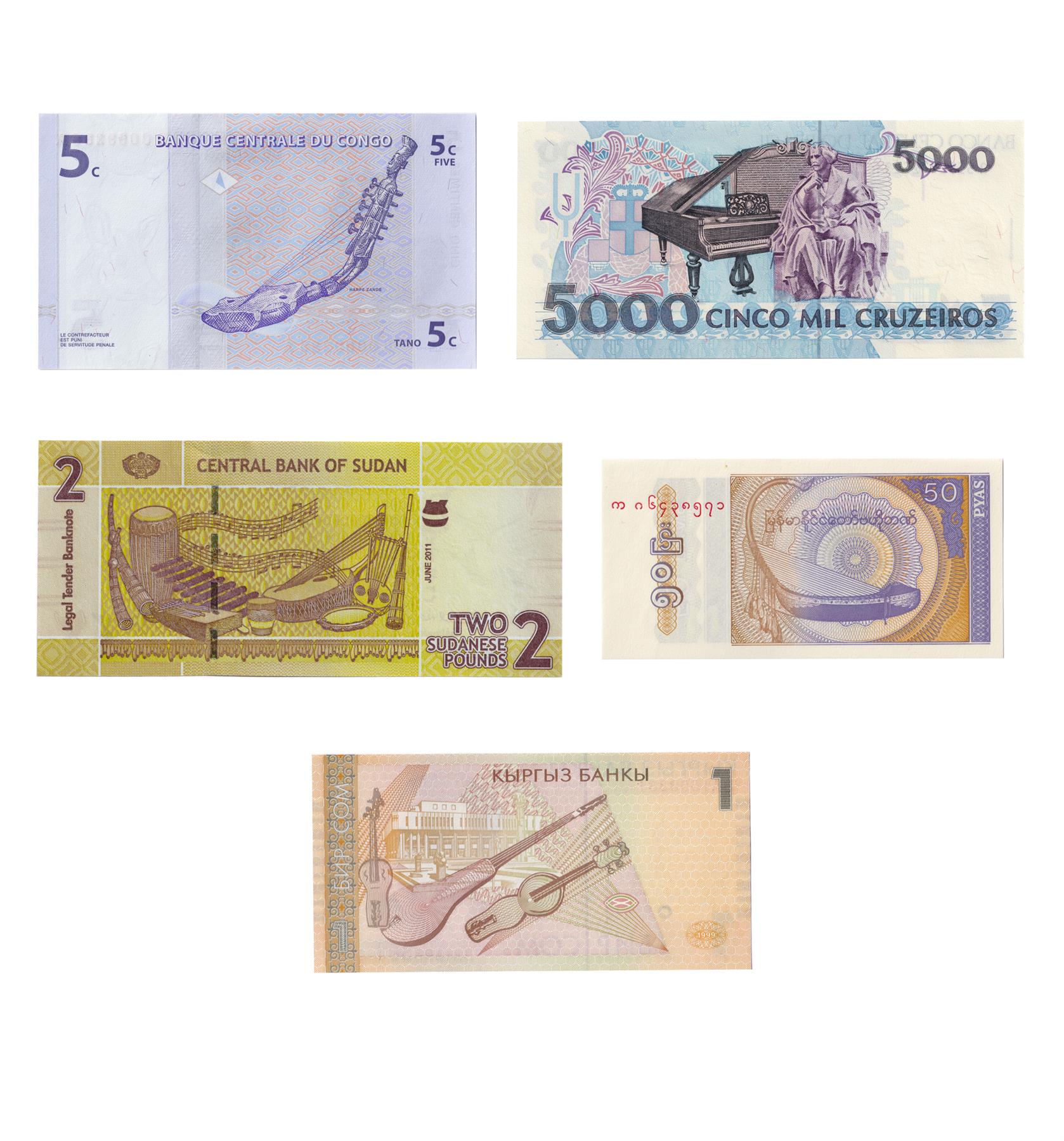 5 Banknote Collection | Music | Musical Instruments | Bow and Zande Harp | Piano | Saung | Music Scores