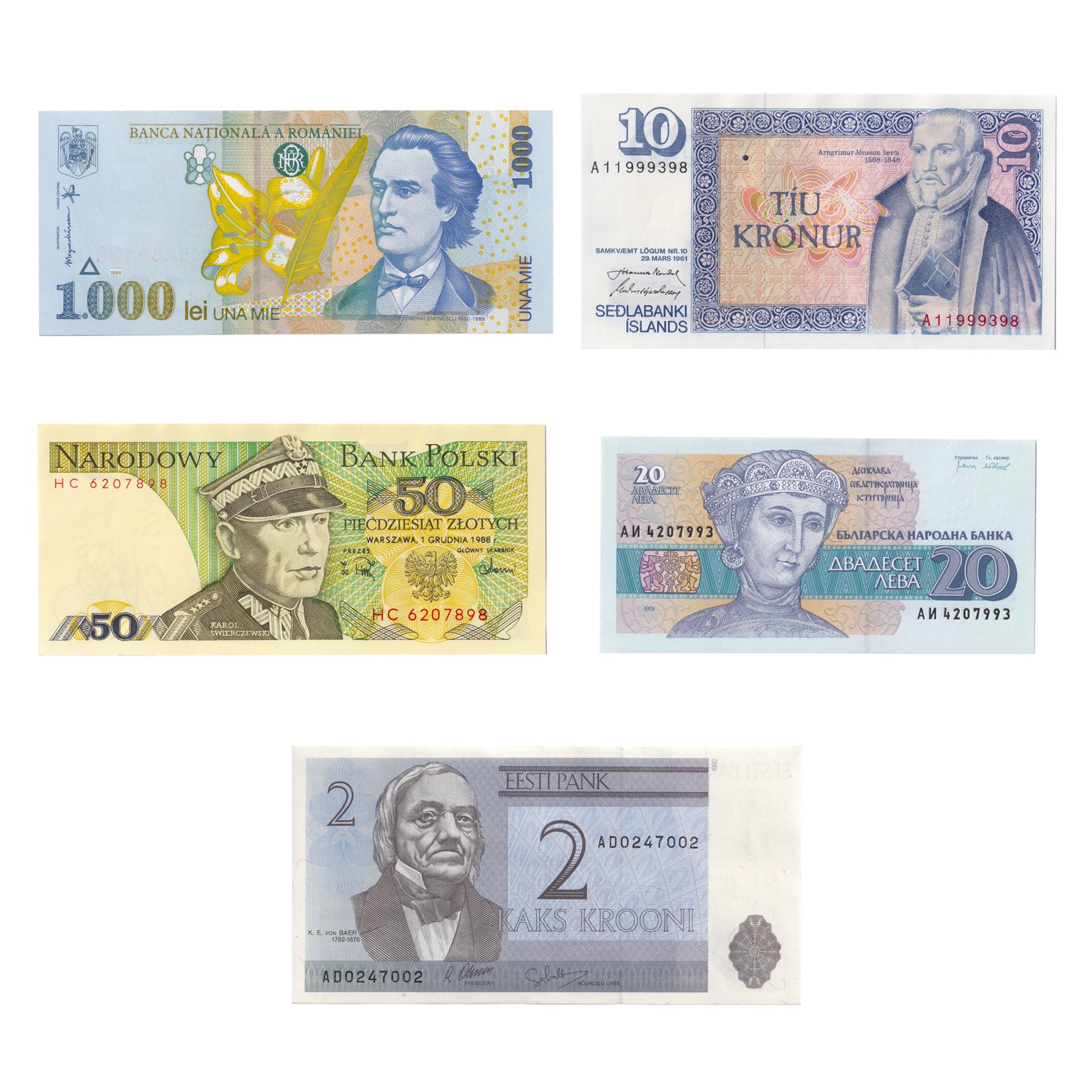 5 Banknote Setfrom Europe | Bulgaria | Iceland | Poland | Romania | Estonia