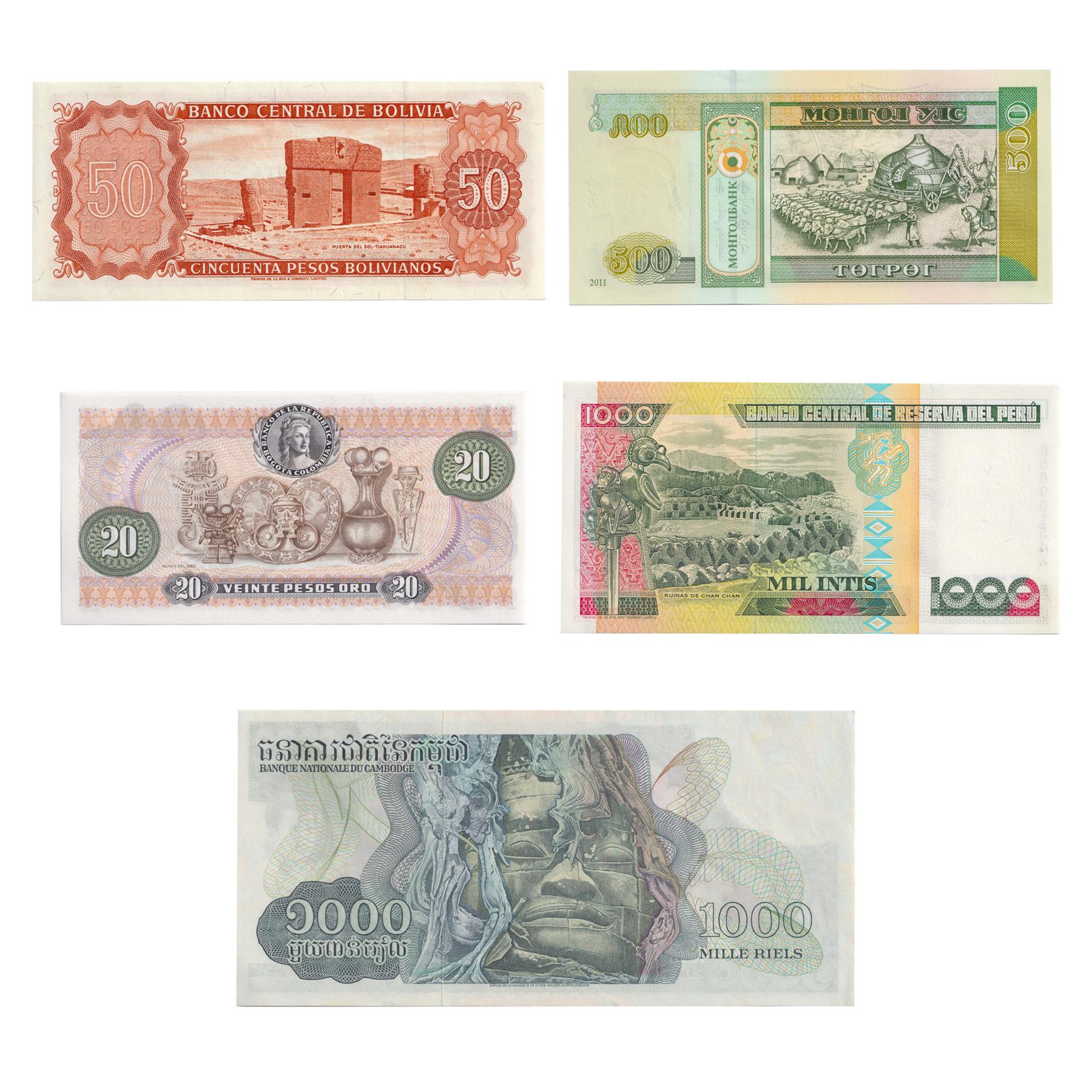 5 Banknotes Set | Ancient Cultures | Calima | Mongol Empire | Chimu | Aymara | Khmer Empire