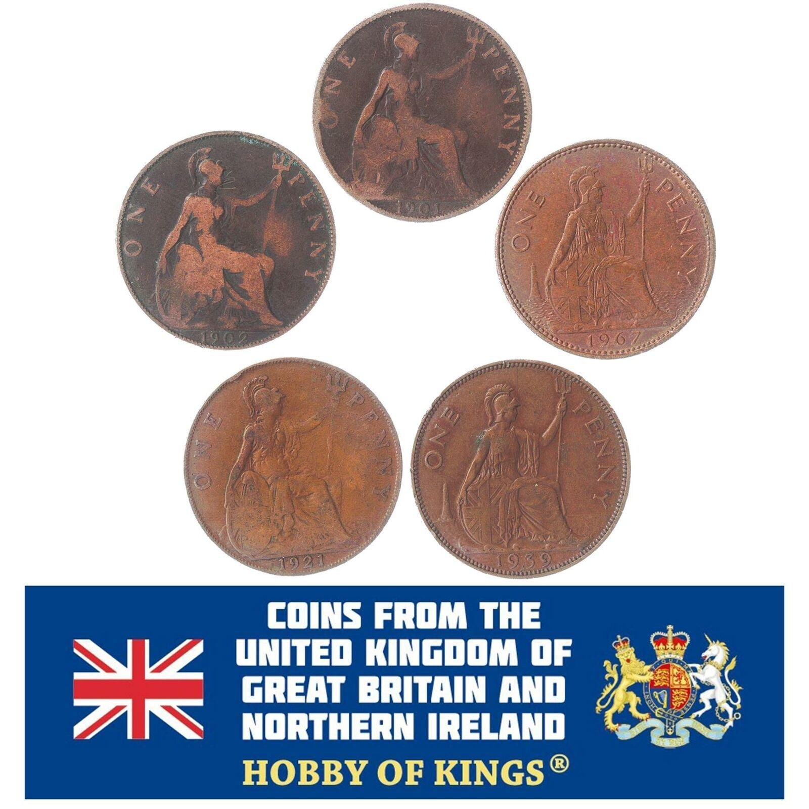 5 Coins United Kingdom 1 Penny Queen Elizabeth Ii And Victoria Kings George V And Vi Edward Vii 1895 - 1970