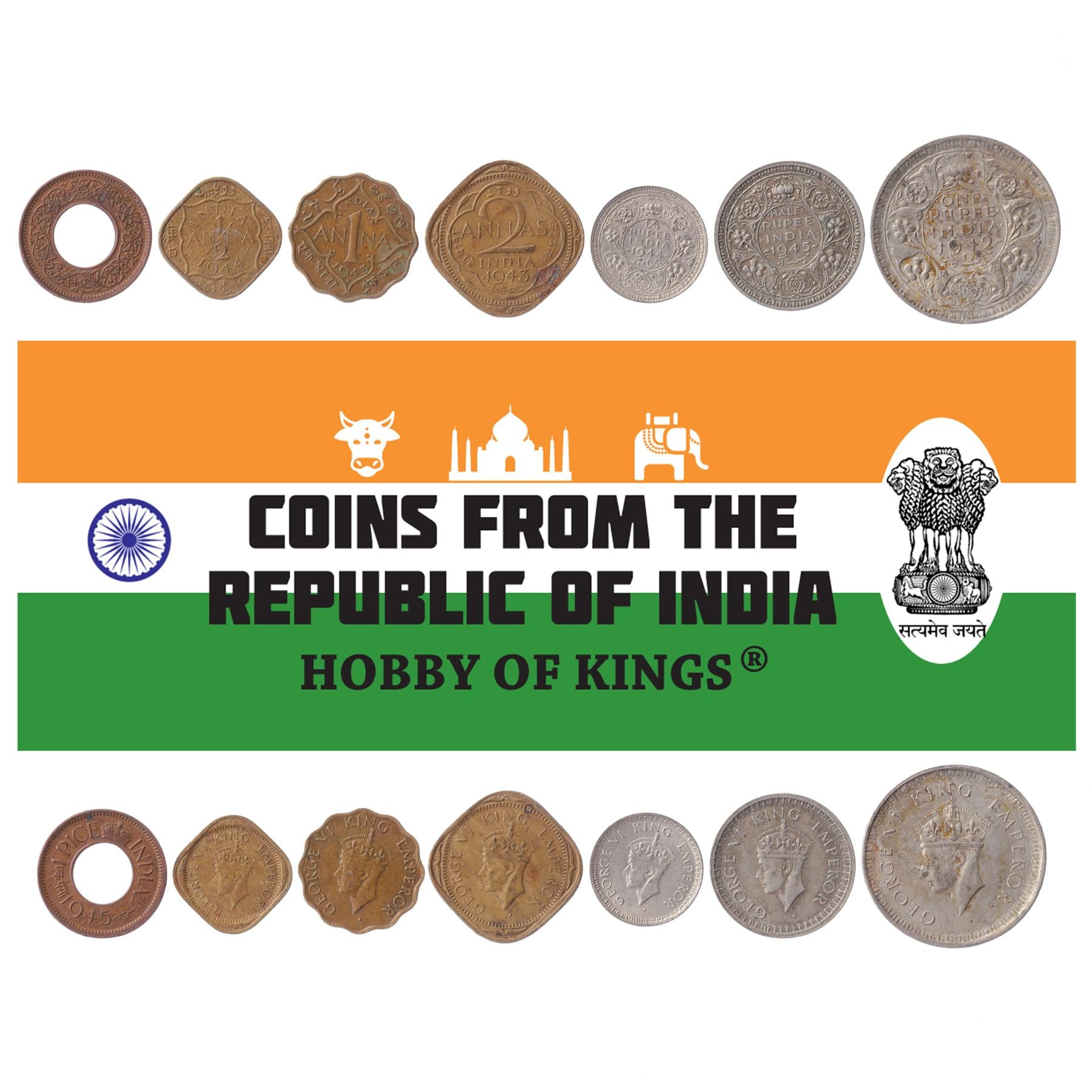 7 Coins British India 1 Pice 1/2 1 2 Annas 1/4 1/2 1 Rupee 1942 - 1945 Indian Money