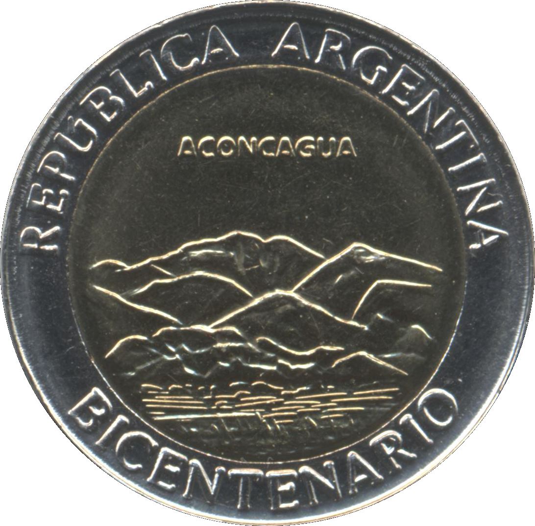 Argentina 1 Peso Coin | Aconcagua | Mountains | Sun | 2010