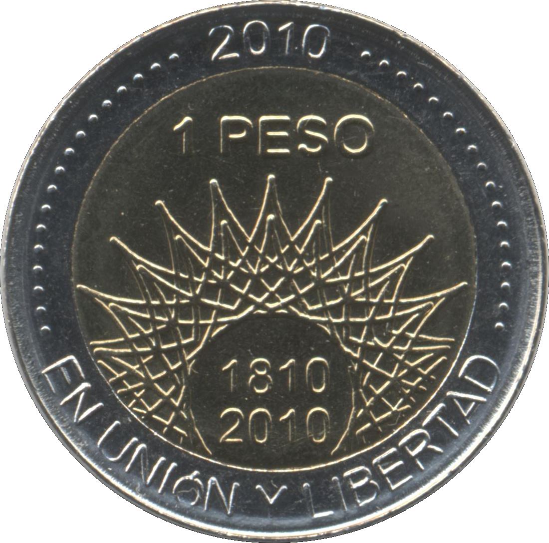 Argentina 1 Peso Coin | Aconcagua | Mountains | Sun | 2010