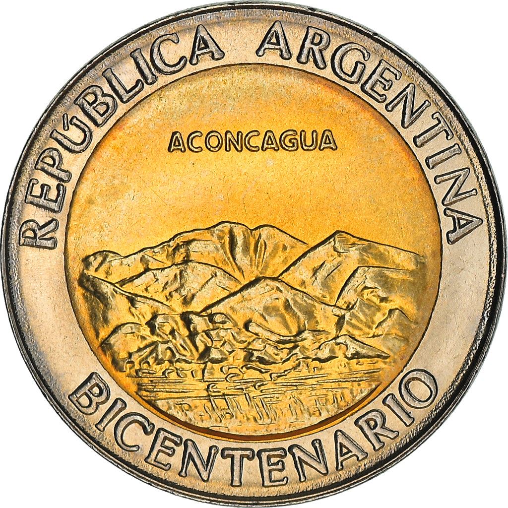 Argentina 1 Peso Coin | Aconcagua | Mountains | Sun | 2010