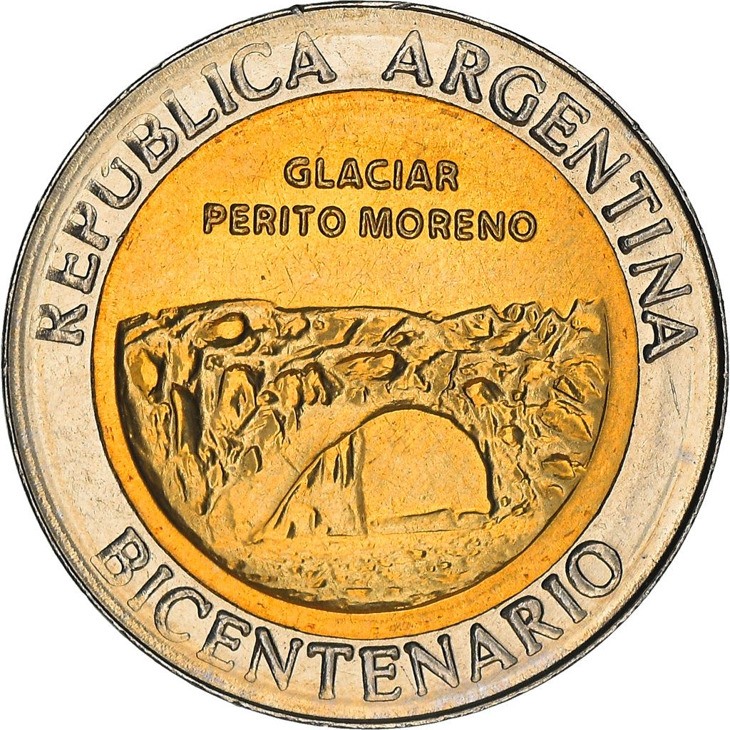 Argentina 1 Peso Coin | Glaciar Perito Moreno | Ice Arch | Sun | 2010