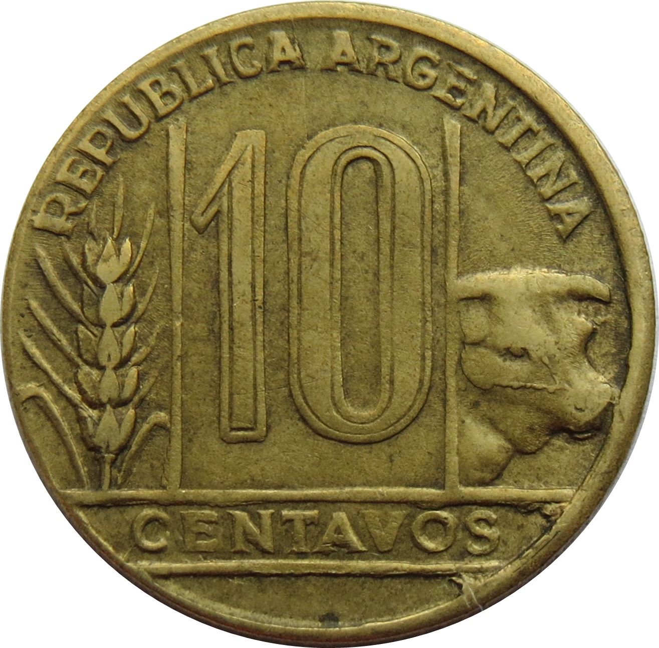 Argentina 10 Centavos Coin | Wheatear | Bull | Liberty | KM41 | 1942 - 1950