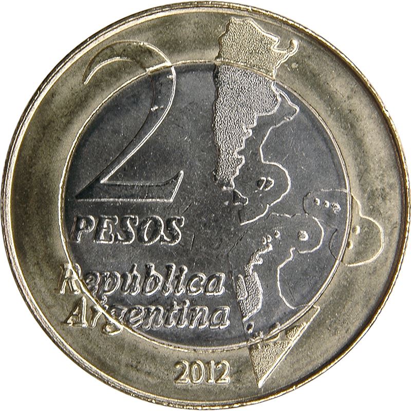 Argentina 2 Pesos Coin | Argentinian Map | Unasur Logo | 2012