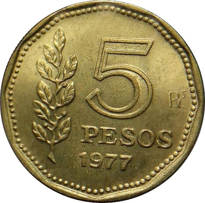 Argentina 5 Pesos Coin | Admiral G. Brown | Grain Sprigs | 1977