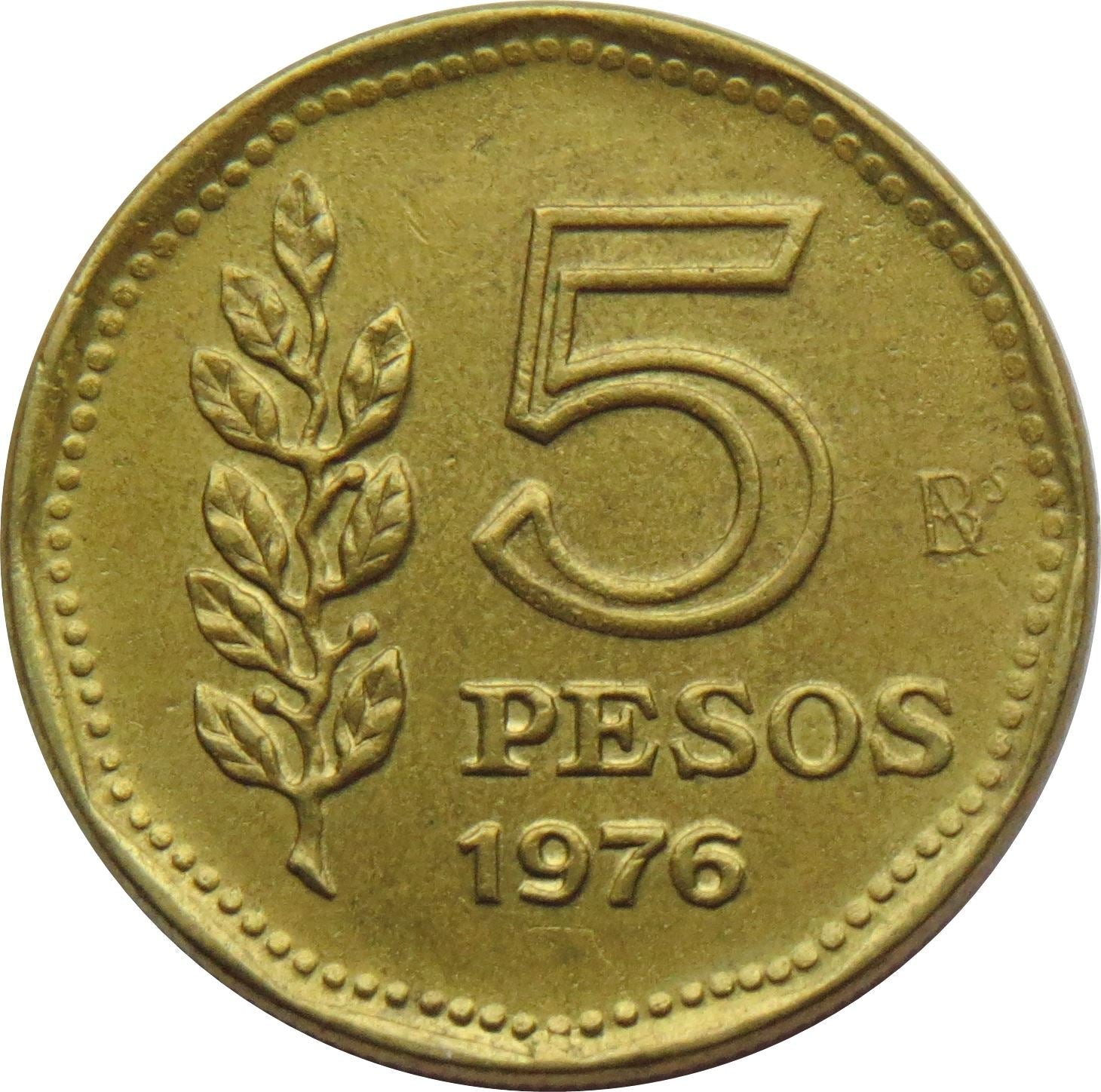 Argentina 5 Pesos Coin | Sol de Mayo | Sun | KM71 | 1976 - 1977