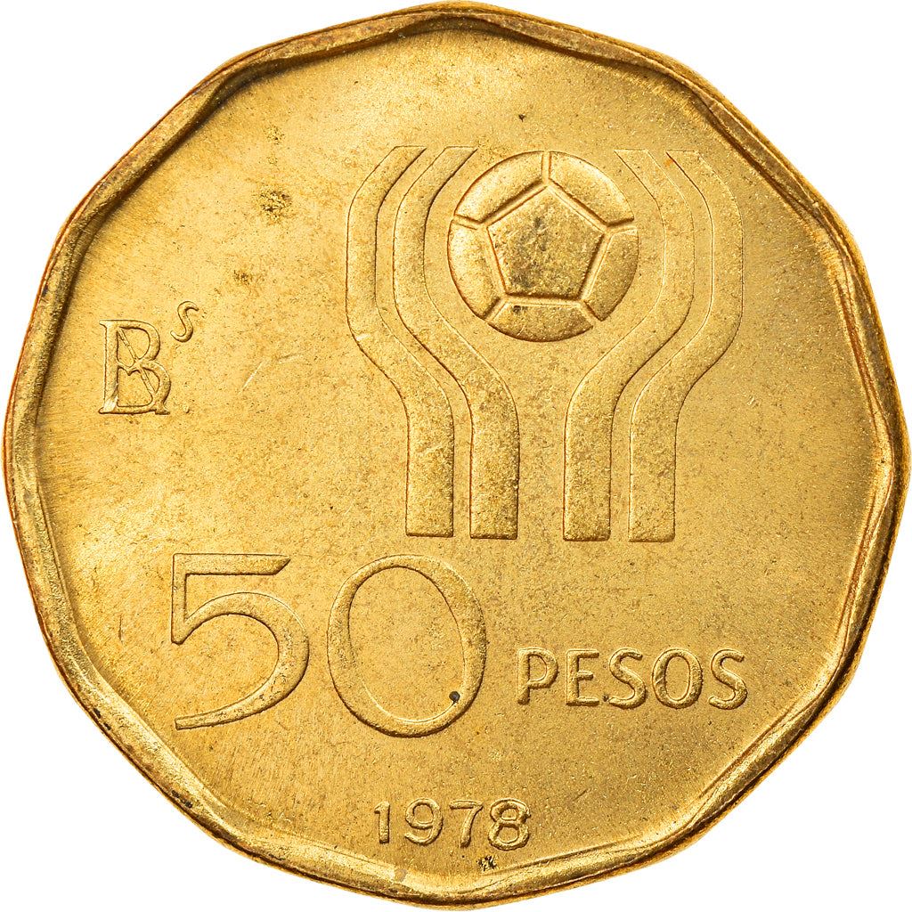 Argentina 50 Pesos Coin | Soccer | Ball | Globe | 1977 - 1978