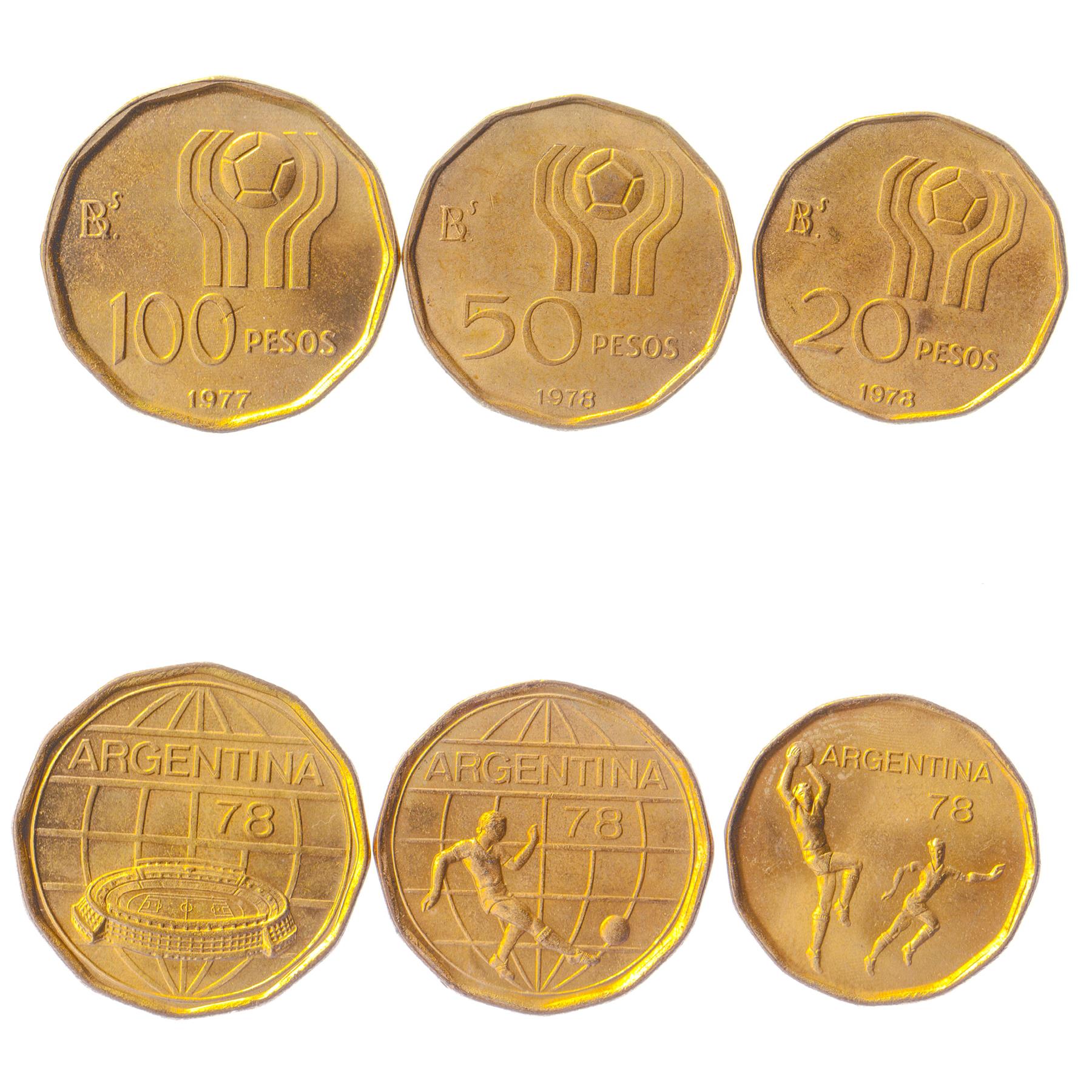 Argentine 3 Coin Set 20 50 100 Pesos | Globe Stadium | Soccer Players | 1978 FIFA World Cup | Soccer Ball | 1977 - 1978