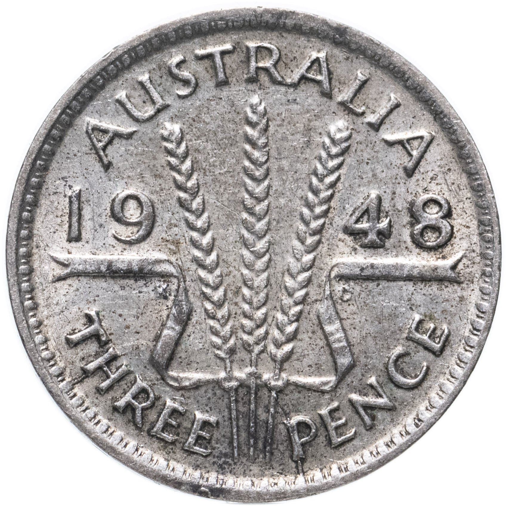 Australia Coin | 3 Pence | George VI | Wheat | Ribbon | KM37a | 1947 - 1948