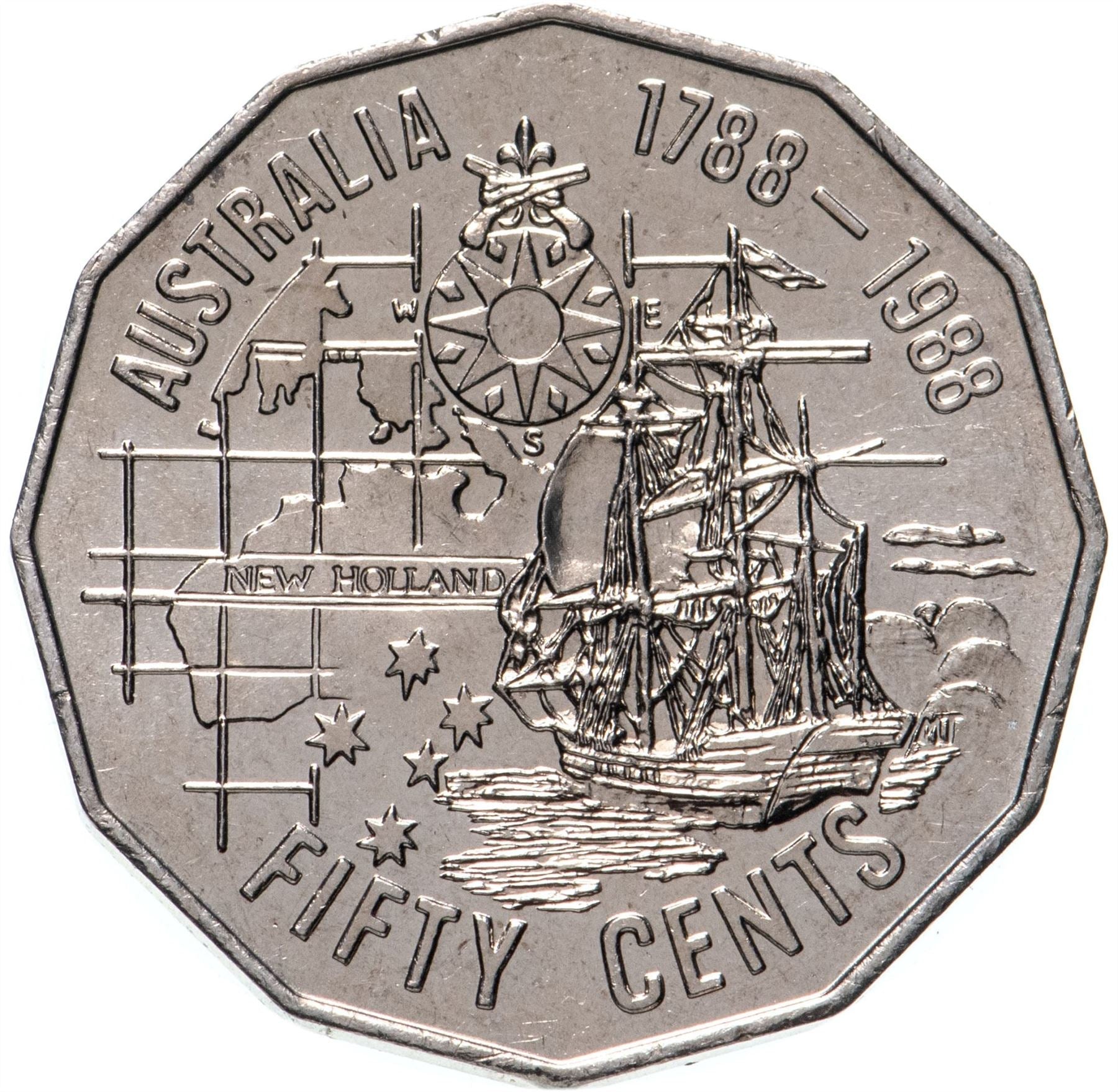 Australia Coin | 50 Cents | Elizabeth II | First Fleet Bicentenary | KM99 | 1988