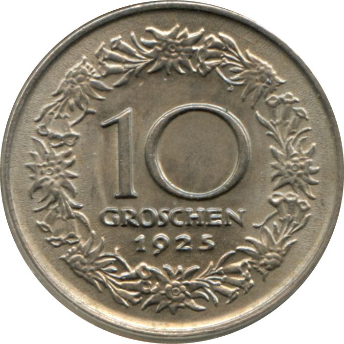 Austria 10 Groschen Coin | Edelweiss Flowers | KM2838 | 1925 - 1929