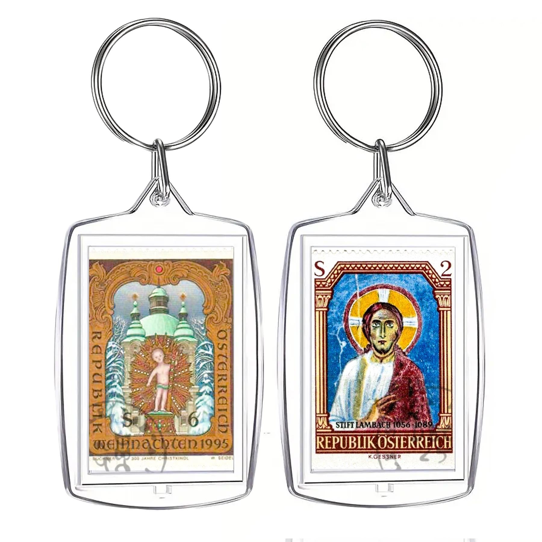 Austrian Christmas & Christ Fresco Stamp Keychain | Used Genuine Postage Stamps | Religious & Festive Keepsake