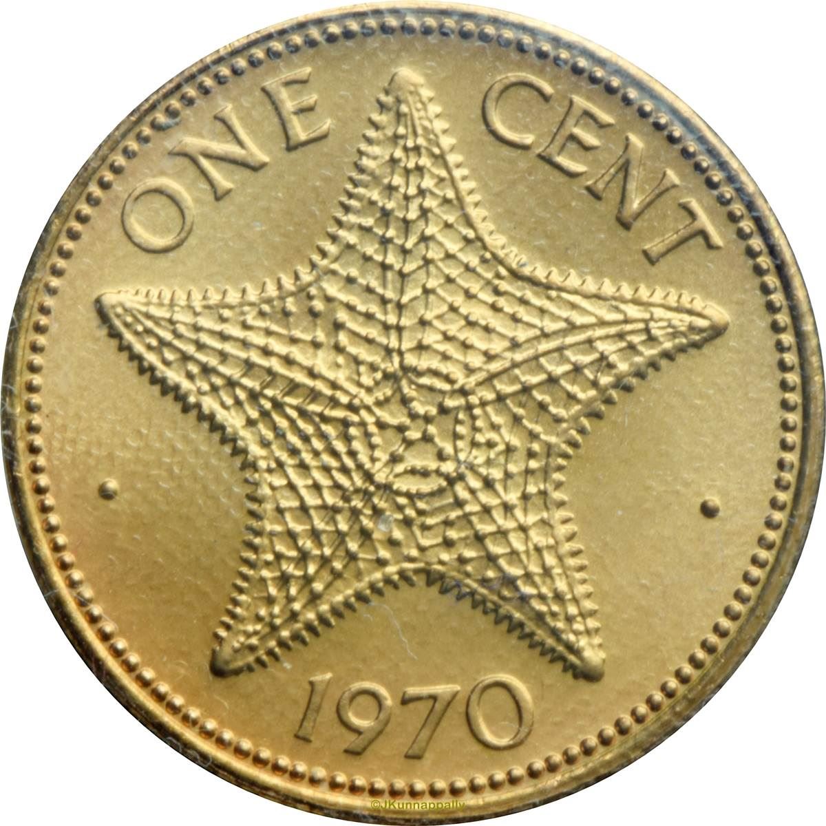 Bahamas | 1 Cent Coin | Queen Elizabeth II | Starfish | KM15 | 1970