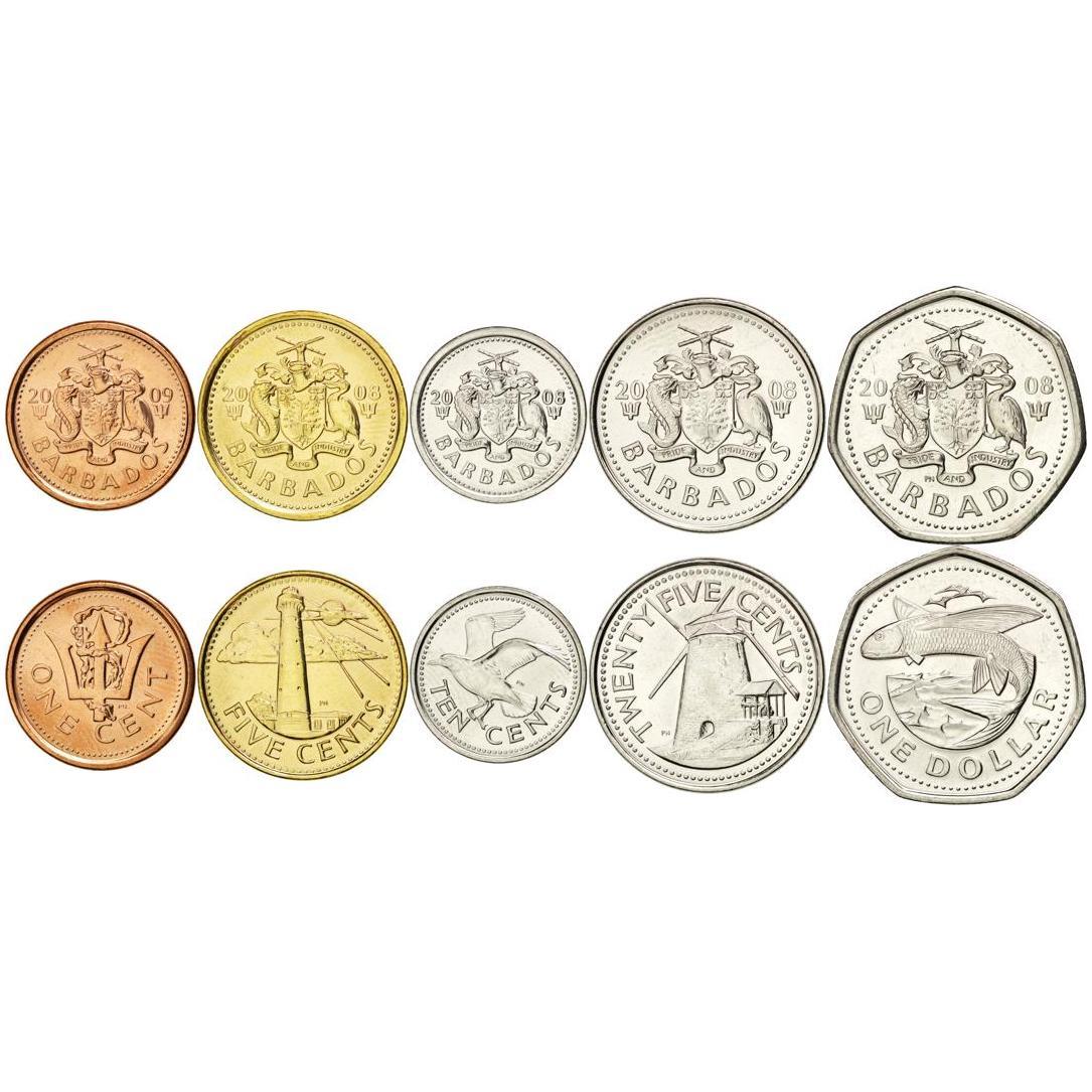 Barbados | 5 Coin Set | 1 Cent 5 10 25 Cents 1 Dollar | Trident | Lighthouse | Gull | Windmill | Flying fish | 2007 - 2022