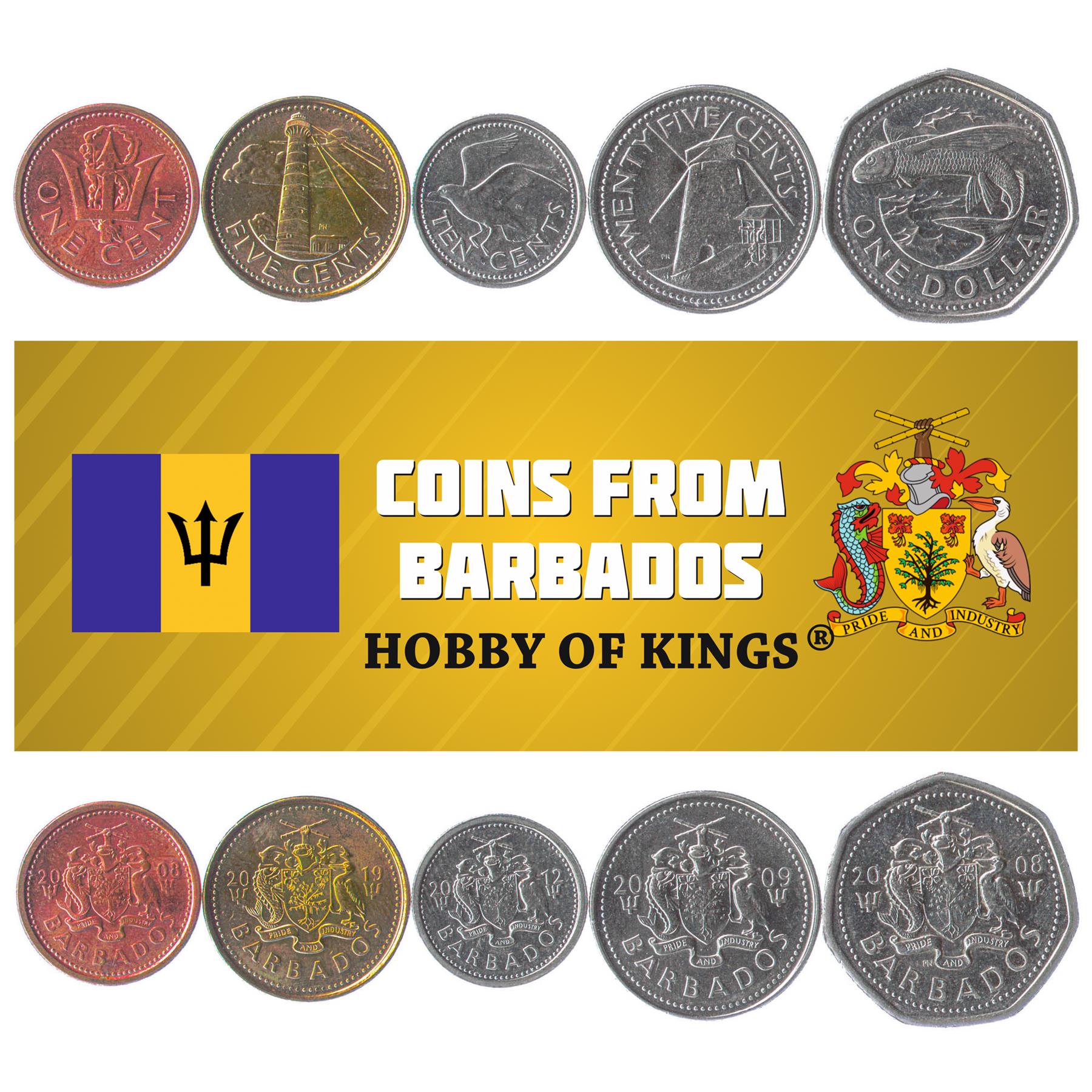 Barbados | 5 Coin Set | 1 Cent 5 10 25 Cents 1 Dollar | Trident | Lighthouse | Gull | Windmill | Flying fish | 2007 - 2022