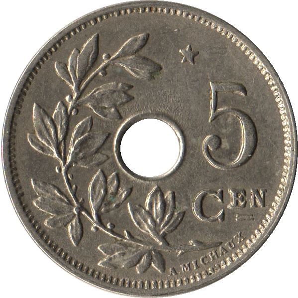 Belgian 5 Centimes Coin | Albert I Belgie | Star | Sprig | KM94 | 1930 - 1931