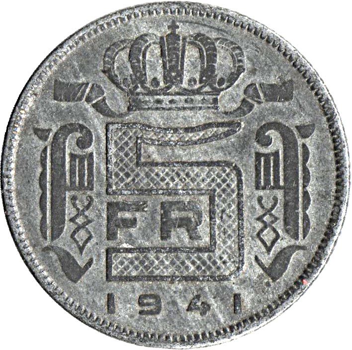 Belgian 5 Francs Coin | Leopold III Belgie | KM130 | 1941 - 1947