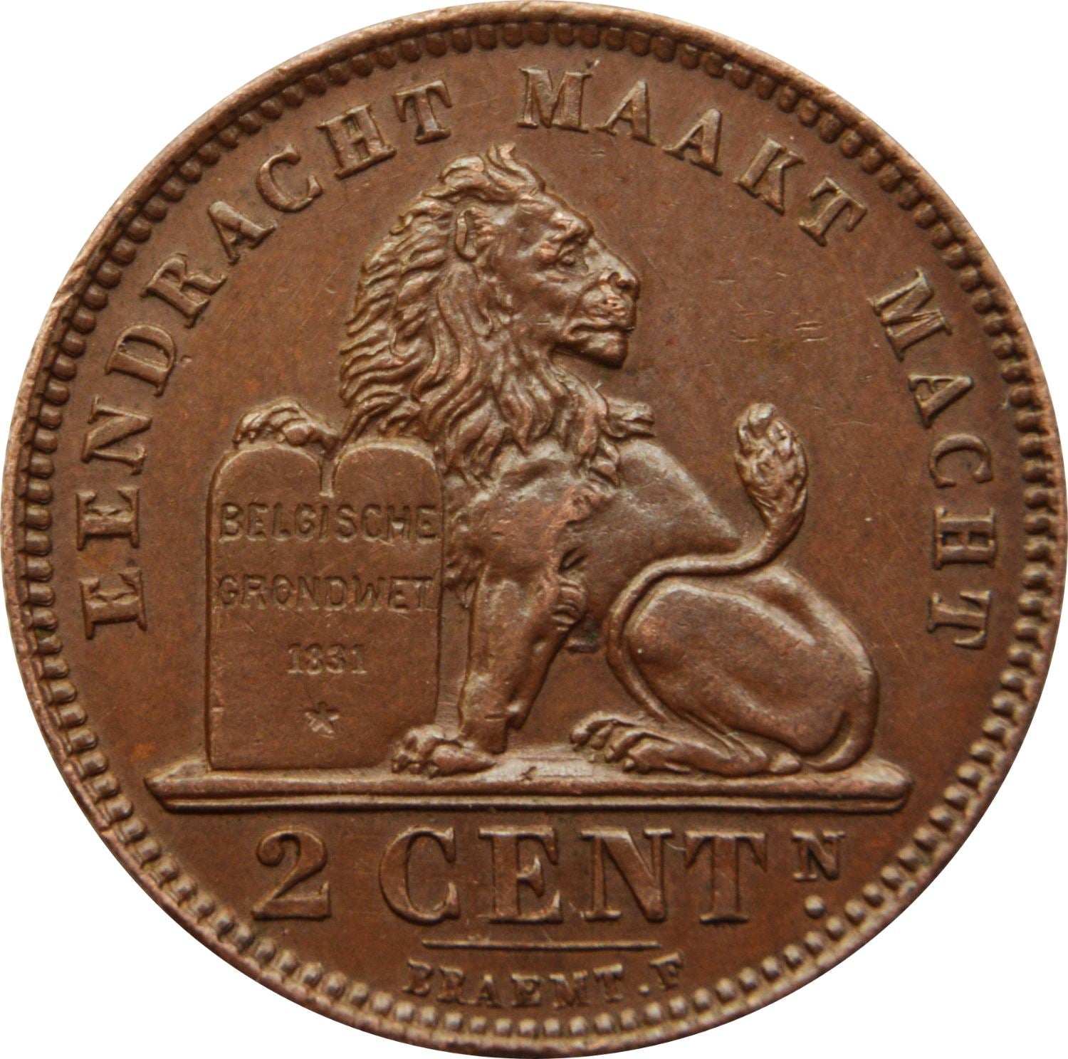 Belgian Coin 2 Centimes - Albert I België | Lion | Star | Slab | KM65 | 1910 - 1919