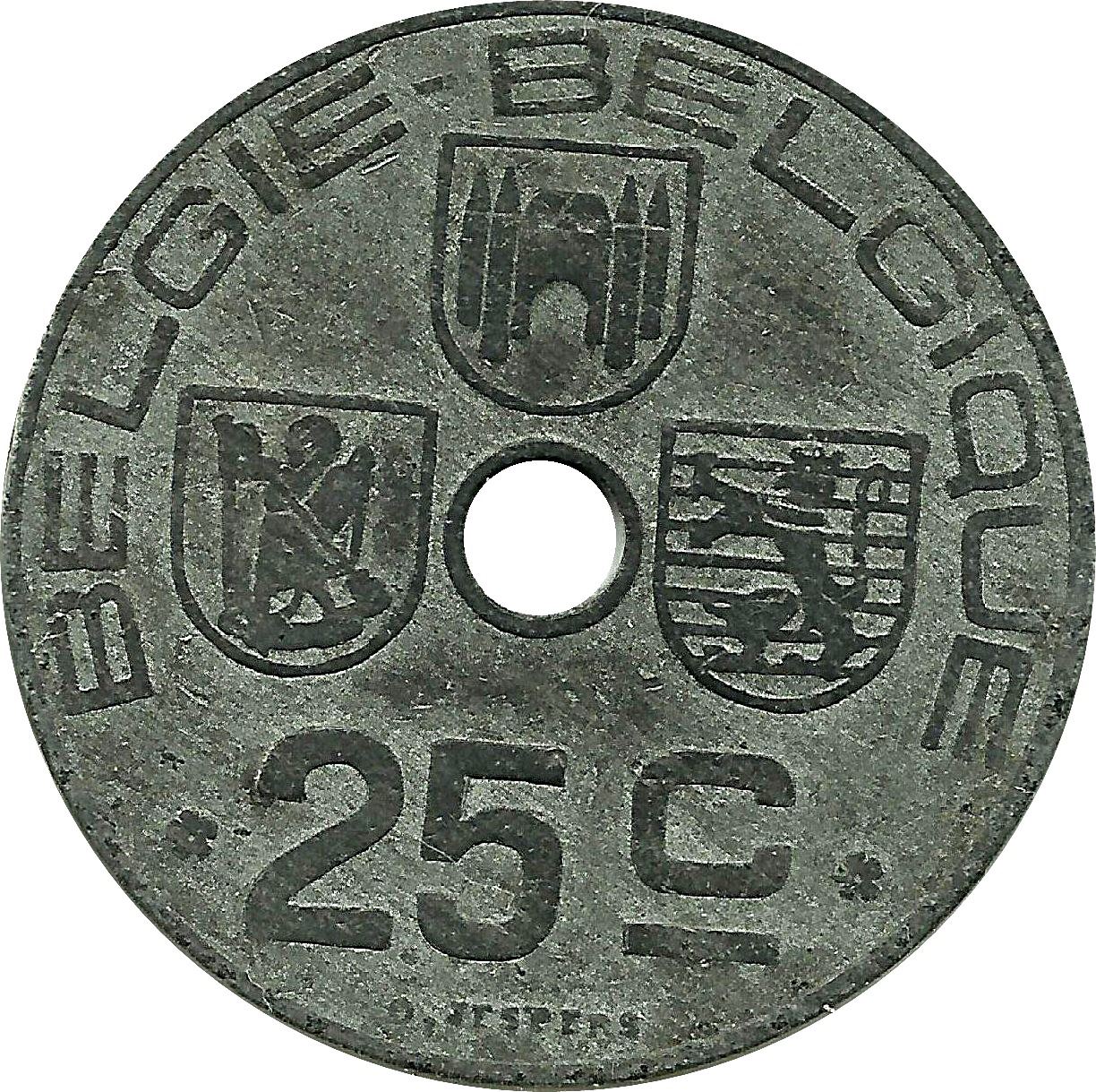 Belgian Coin 25 Centimes - Léopold III BELGIQUE | Mons | Bruges | KM132 | 1942 - 1946