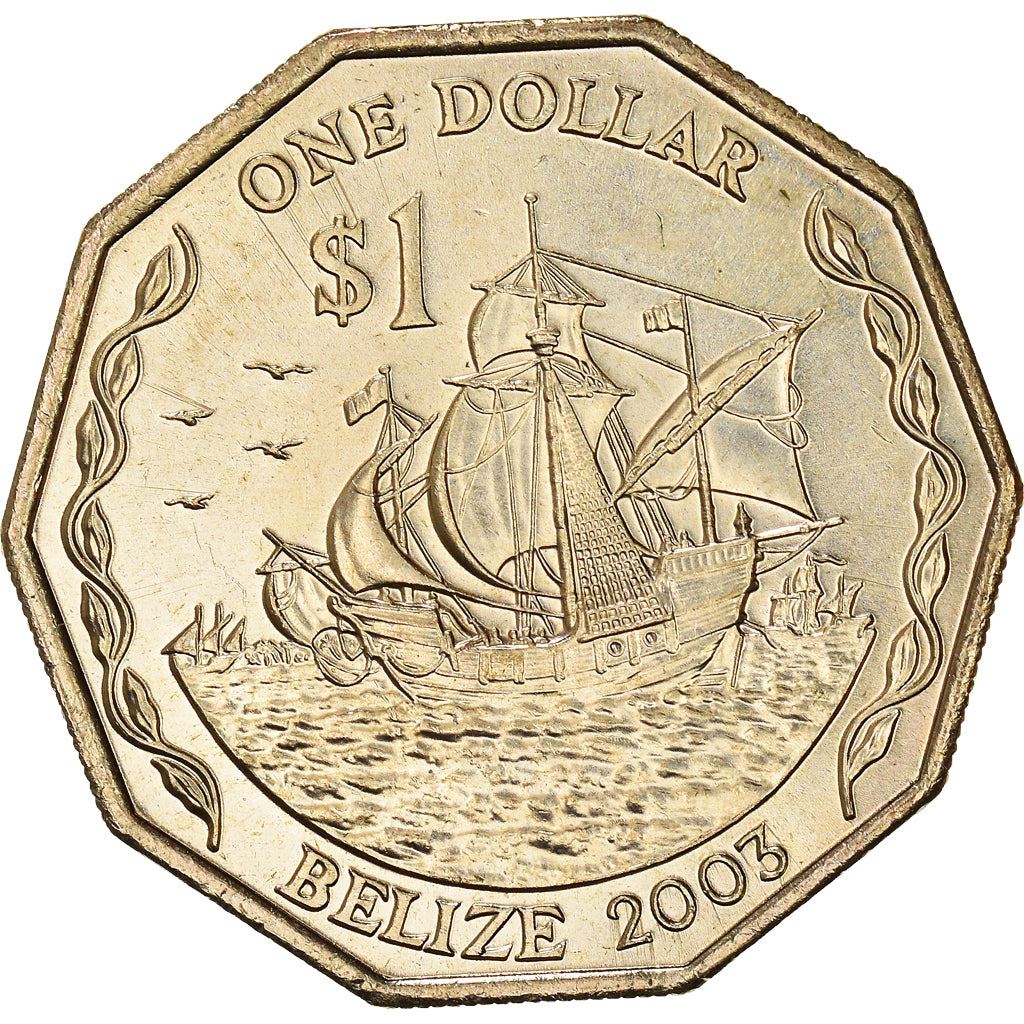 Belizean Coin 1 Dollar | Queen Elizabeth II | Ship | Santa Isabel | Pina | Nina | KM99 | Belize | 1990 - 2018