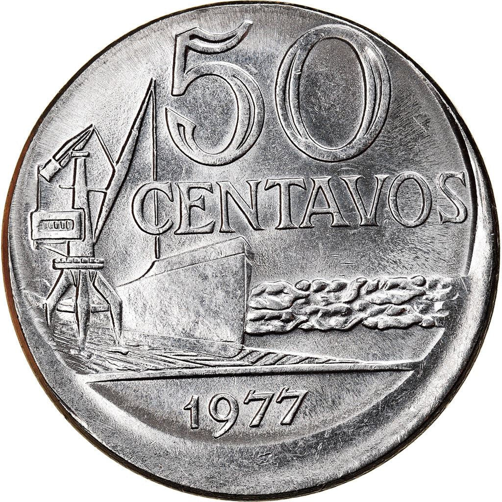 Brazil 50 Centavos Cargo ship and a crane Coin KM580b 1975 - 1979