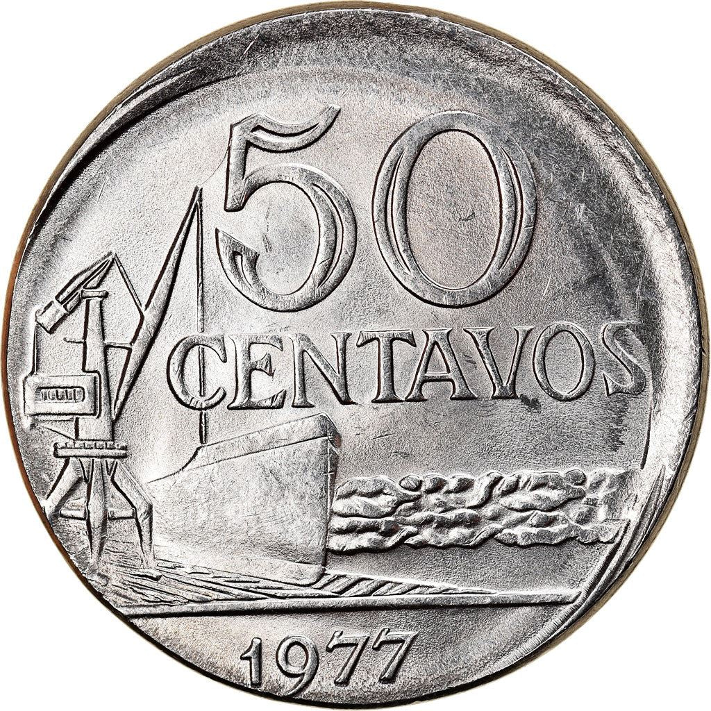 Brazil 50 Centavos Cargo ship and a crane Coin KM580b 1975 - 1979