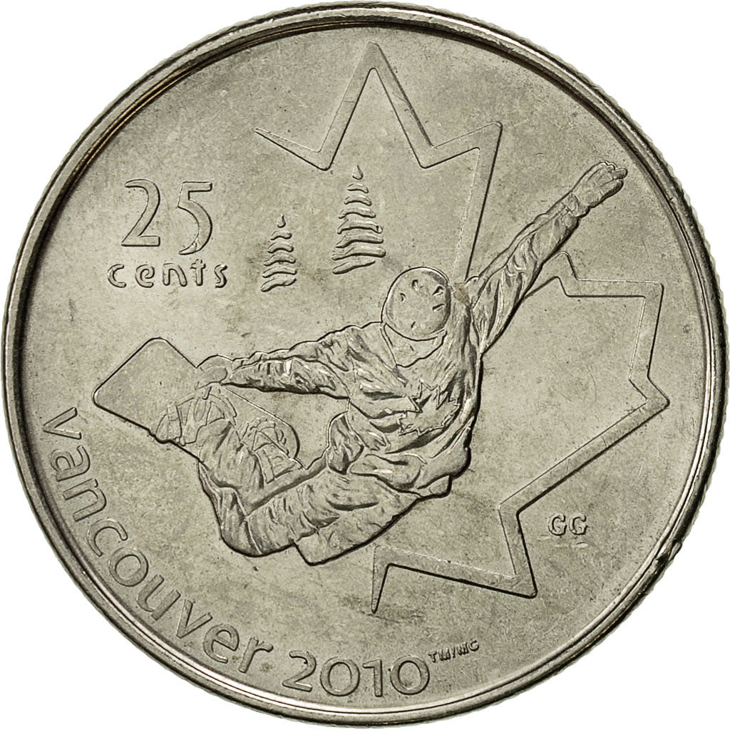 Canada Coin Canadian 25 Cents | Queen Elizabeth II | Snowboarding | KM768 | 2008