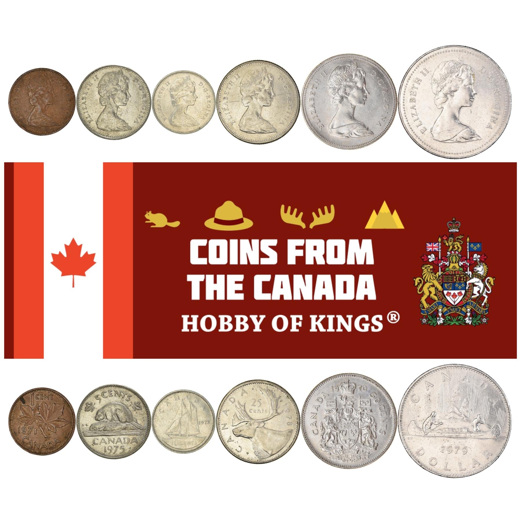 Canadian 6 Coin Set 1 5 10 25 50 Cents 1 Dollar | Queen Elizabeth II | Beaver | Reindeer | Maple Leaf | Bluenose | Birchbark Canoe | Canada | 1965 - 1987