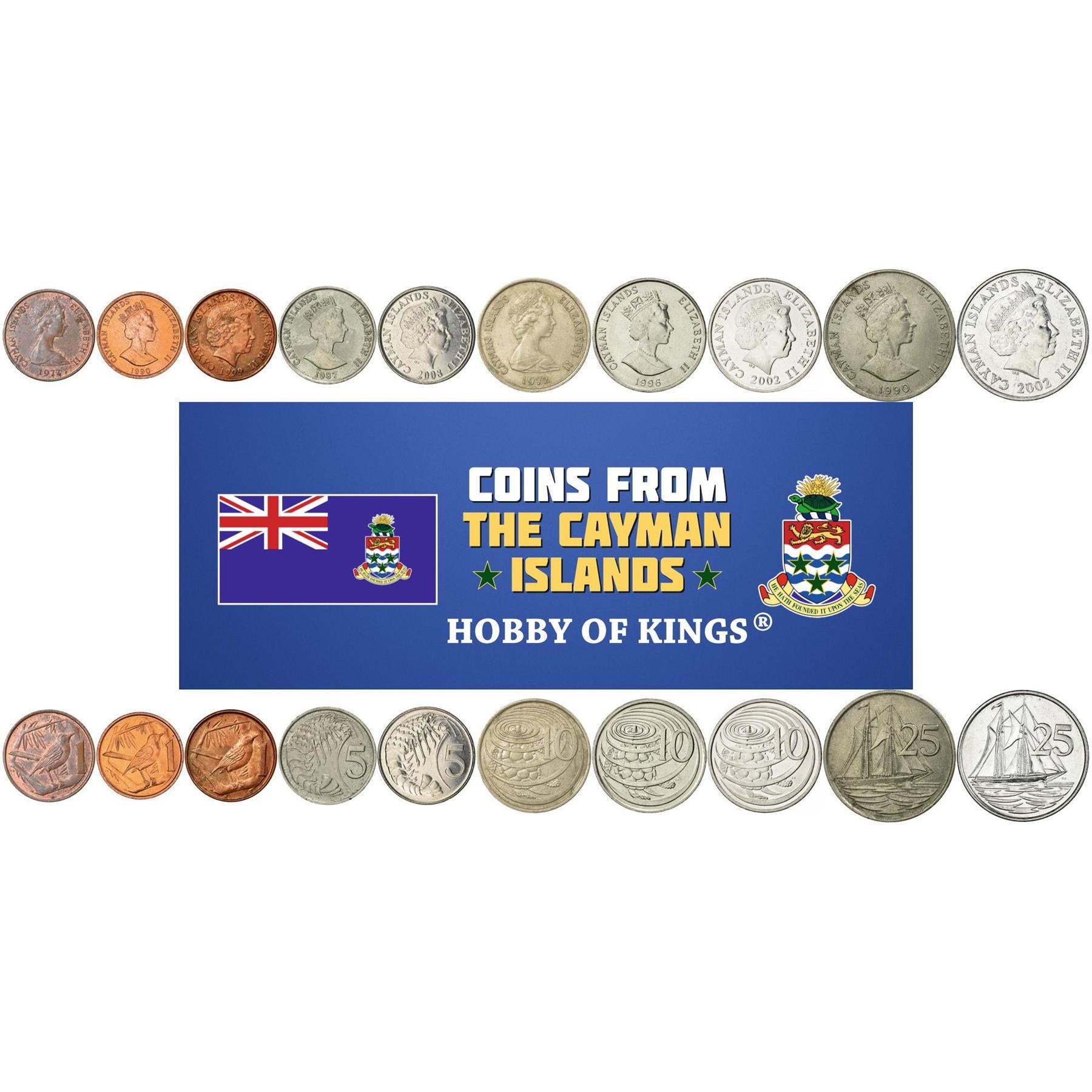 Cayman Islands | 10 Mixed Coins | 1 Cent 5 10 25 Cents | Grand Cayman Thrush | Crayfish | Green Turtle | Schooner "Kirk B" | Elizabeth II | 1972 - 2022