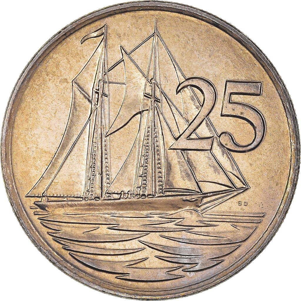 Cayman Islands | 25 Cents Coin | Schooner "Kirk B" | Elizabeth II | Km:90 | 1987 - 1990