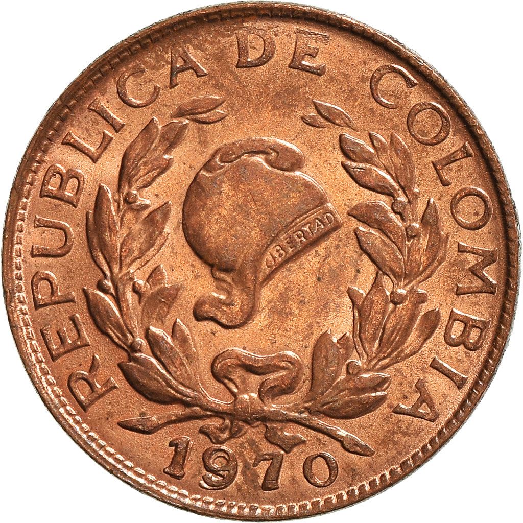 Colombia 1 Centavo Coin | Jacobin liberty cap | Coffee bean sprigs | 1967 - 1978