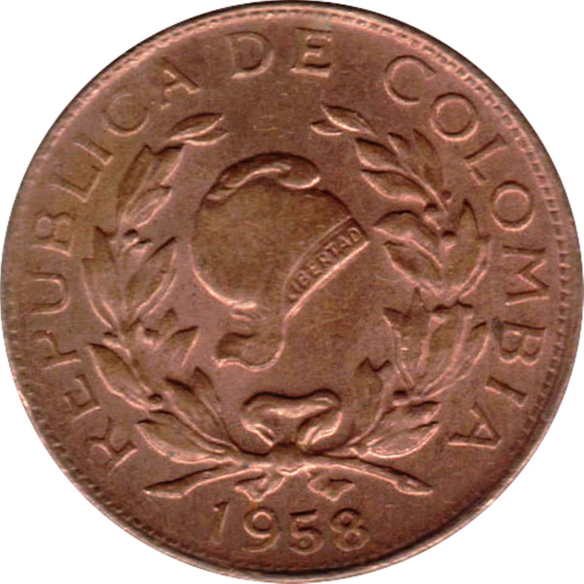 Colombia | 1 Centavo Coin | Phrygian Cap | Wreath | Coffee bean sprigs | 1942 - 1966