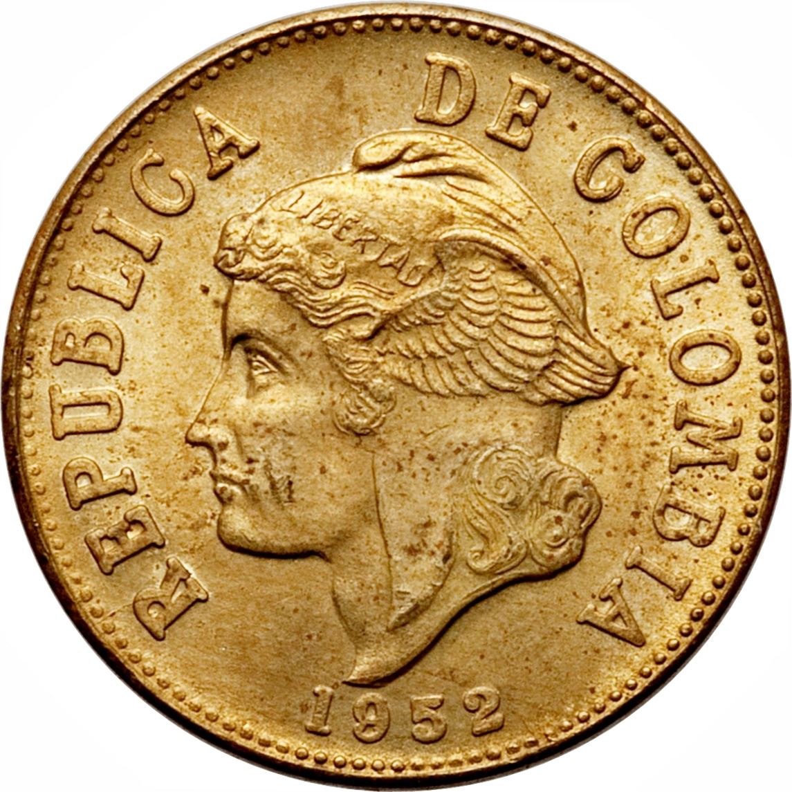 Colombia 2 Centavos Coin | Winged Head | Liberty cap | Olive Sprigs | 1952 - 1965