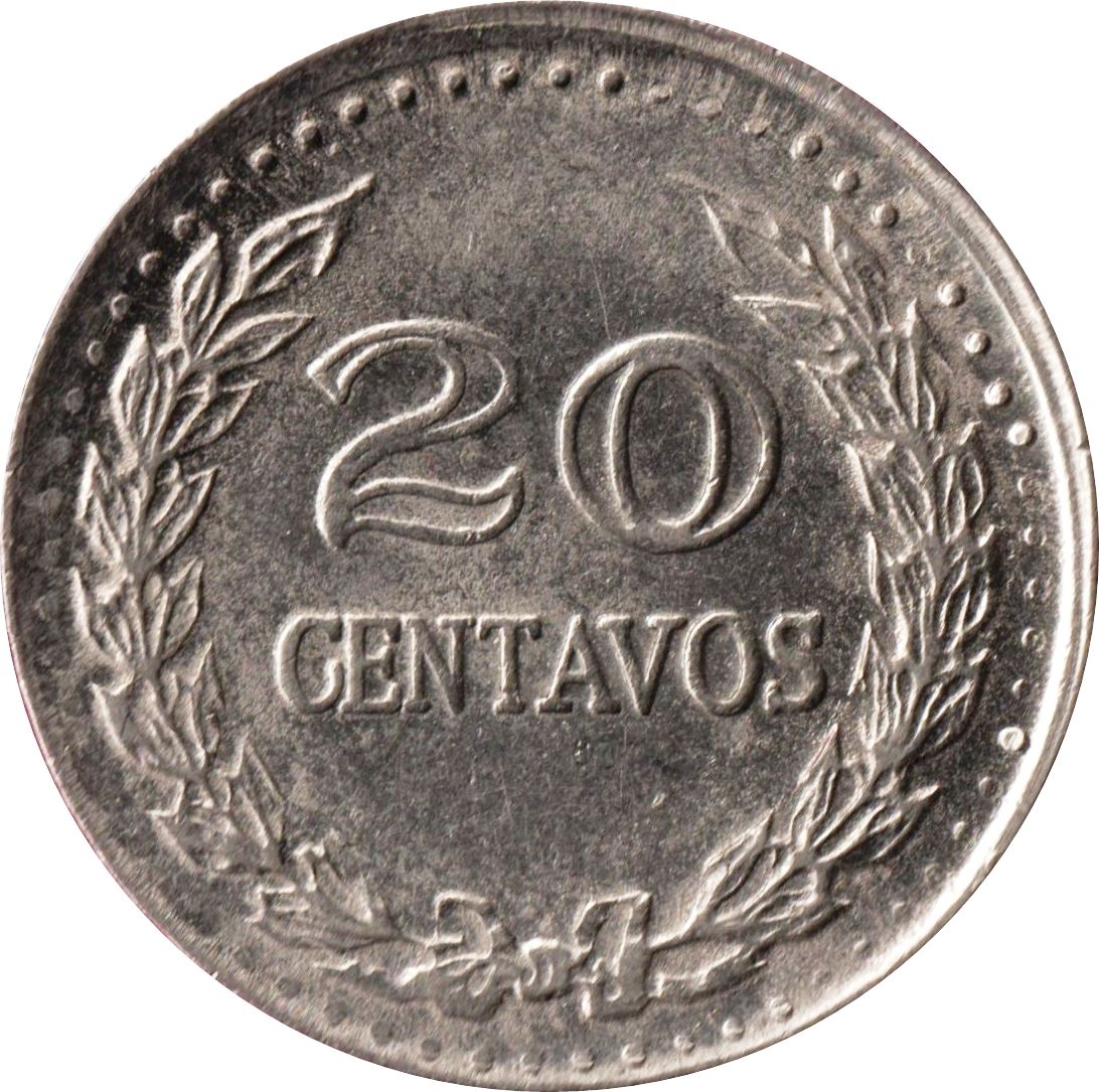 Colombia | 20 Centavos Coin | Francisco de Paula Santander | Wreath | 1971 - 1979