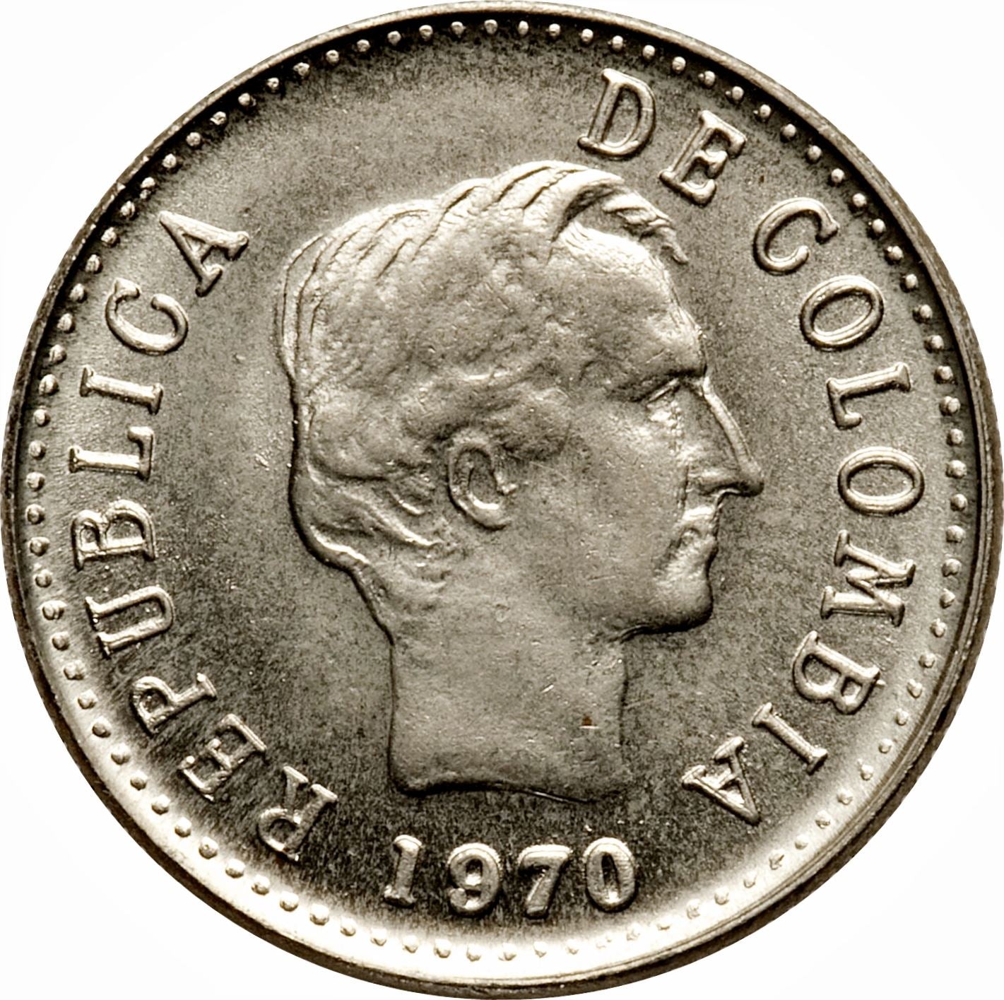 Colombia | 20 Centavos Coin | Francisco de Paula Santander | Wreath Coin | 1969 - 1970