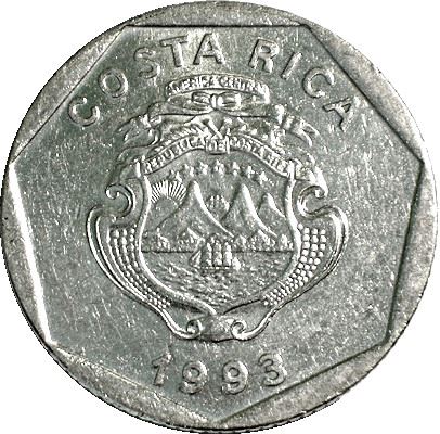 Costa Rica 5 Colones Coin | Stars | Volcno | Ship | Sun | KM214.3 | 1993